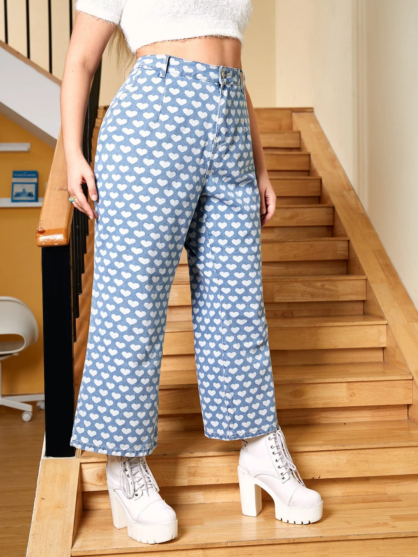 All Over Print Zipper Natural Long Plus Size Jeans
