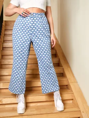 All Over Print Zipper Natural Long Plus Size Jeans