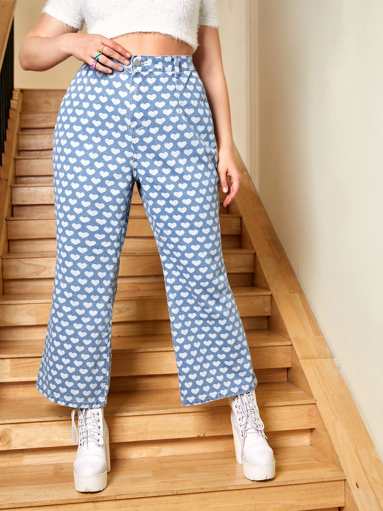 All Over Print Zipper Natural Long Plus Size Jeans