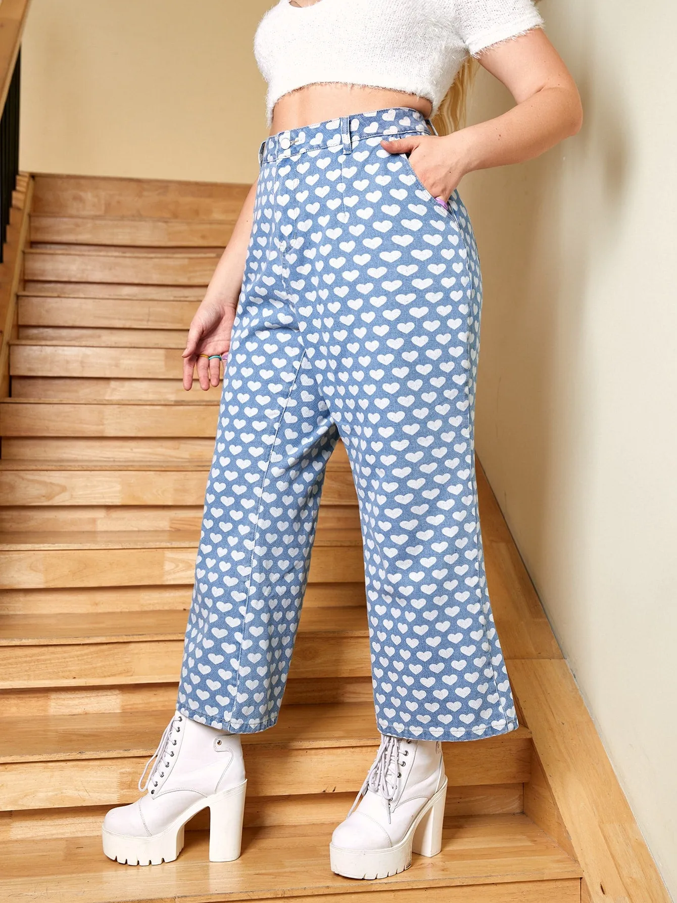 All Over Print Zipper Natural Long Plus Size Jeans