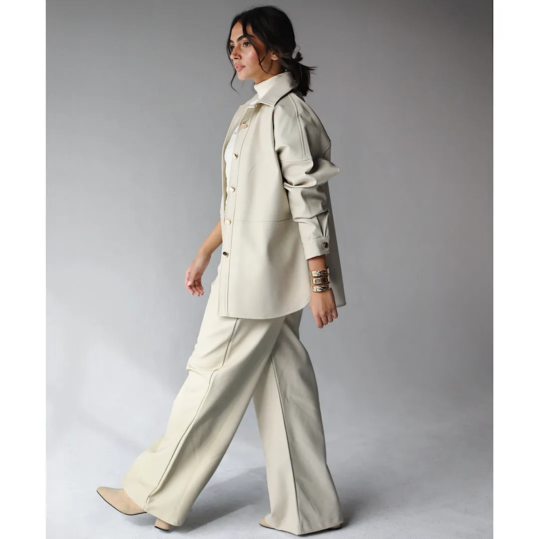 Beige buttoned down leather shirt