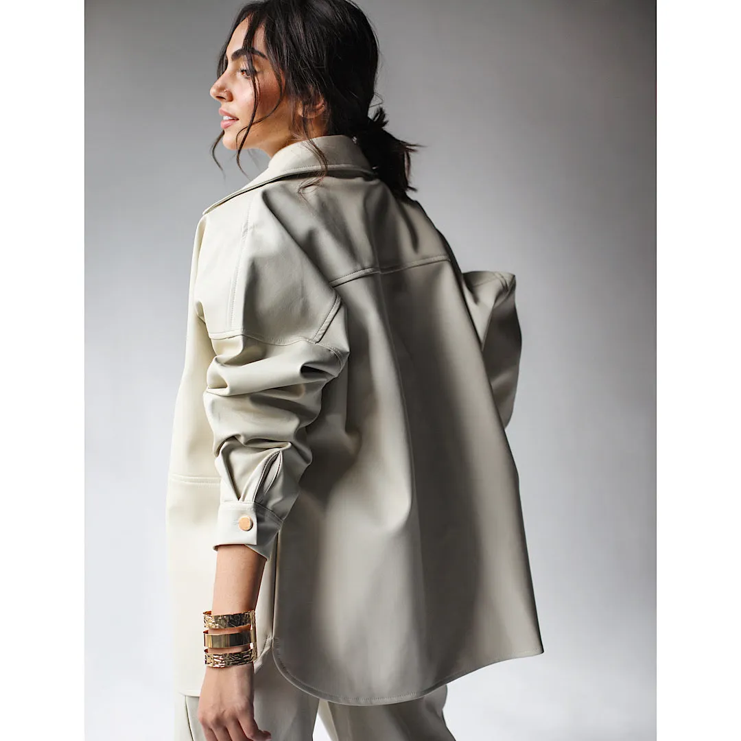 Beige buttoned down leather shirt