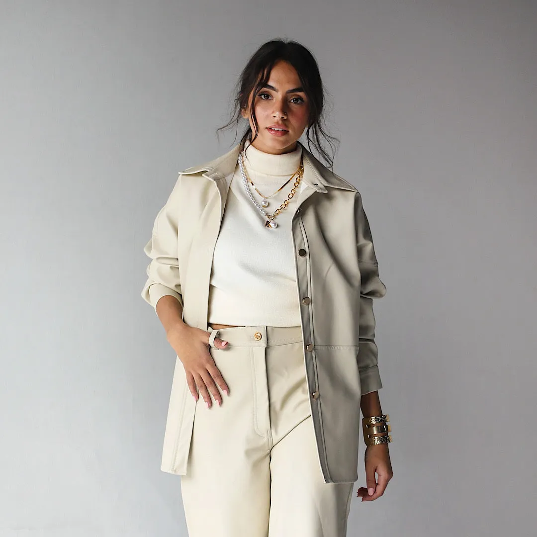 Beige buttoned down leather shirt