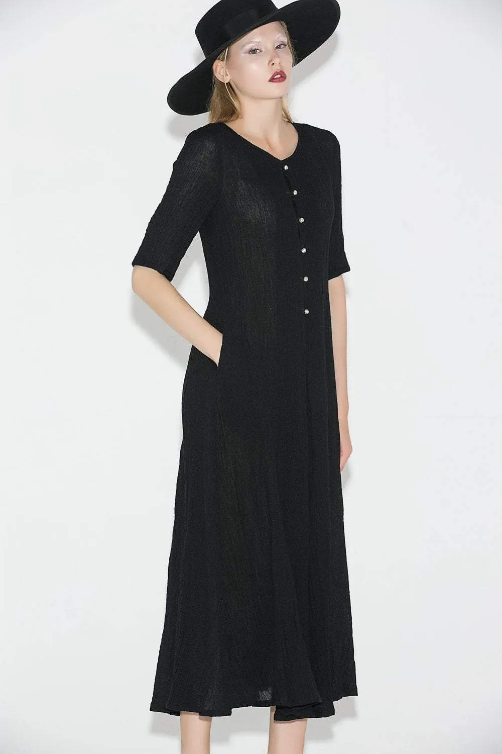 Black Linen Dress - Elegant Long Shirt-Style Loose-Fitted Comfortable Everyday Handmade Dress with Half Sleeves C689