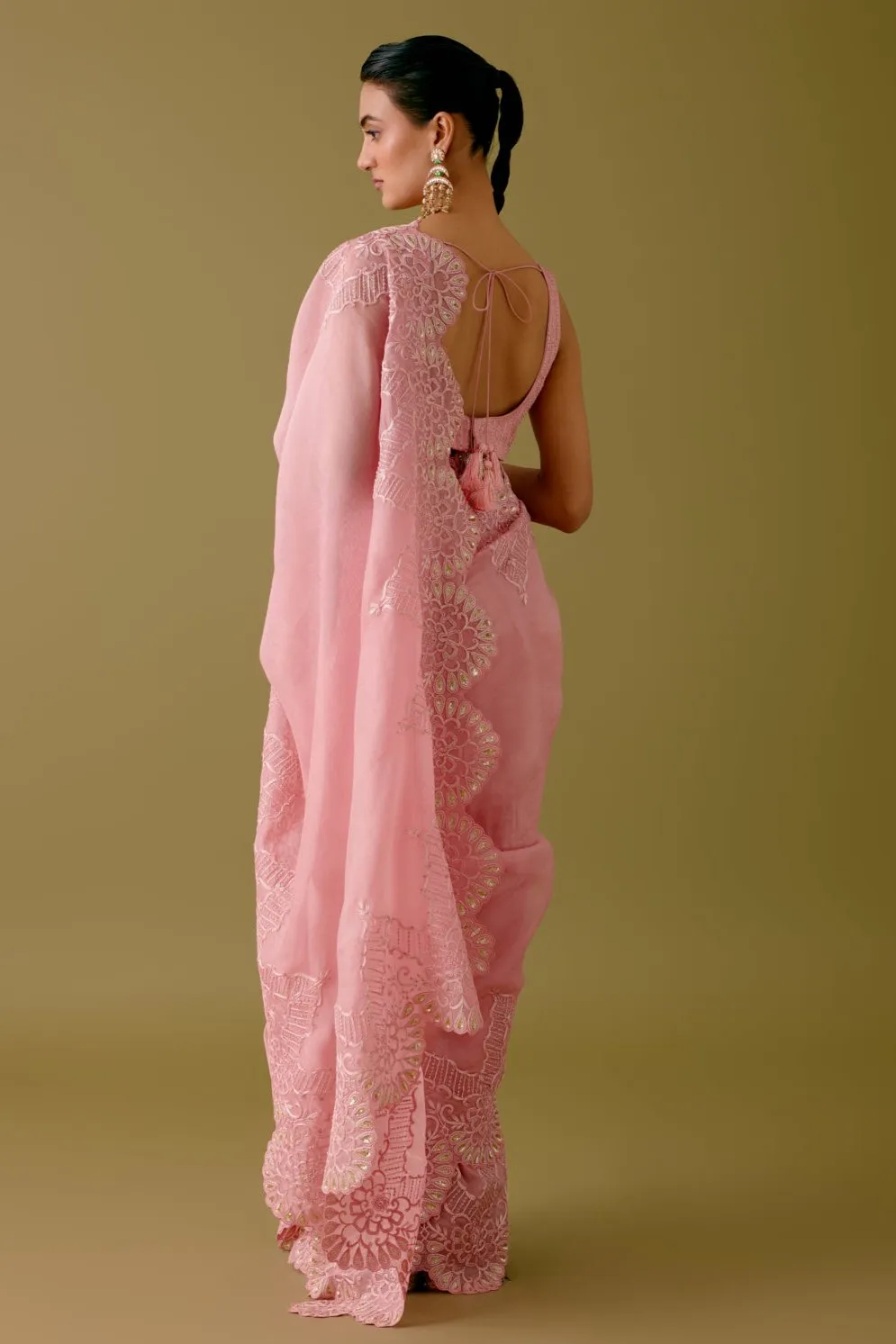 Blush Pink Embroidered Silk Organza Saree