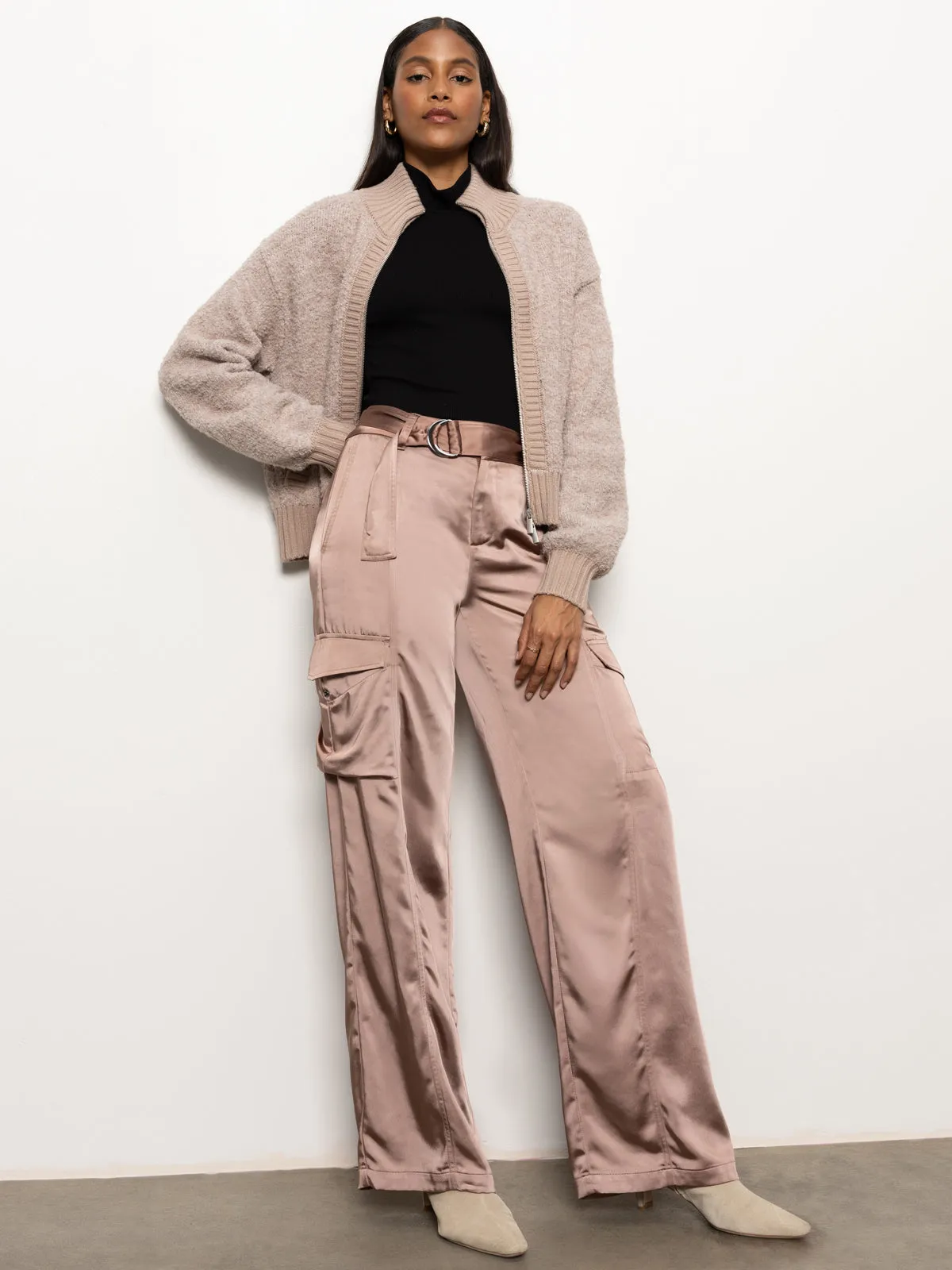 Boucle Knit Bomber Sweater Feather