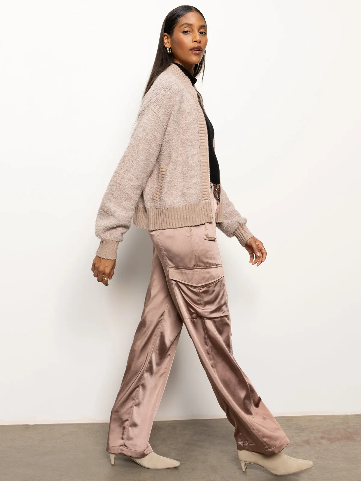 Boucle Knit Bomber Sweater Feather