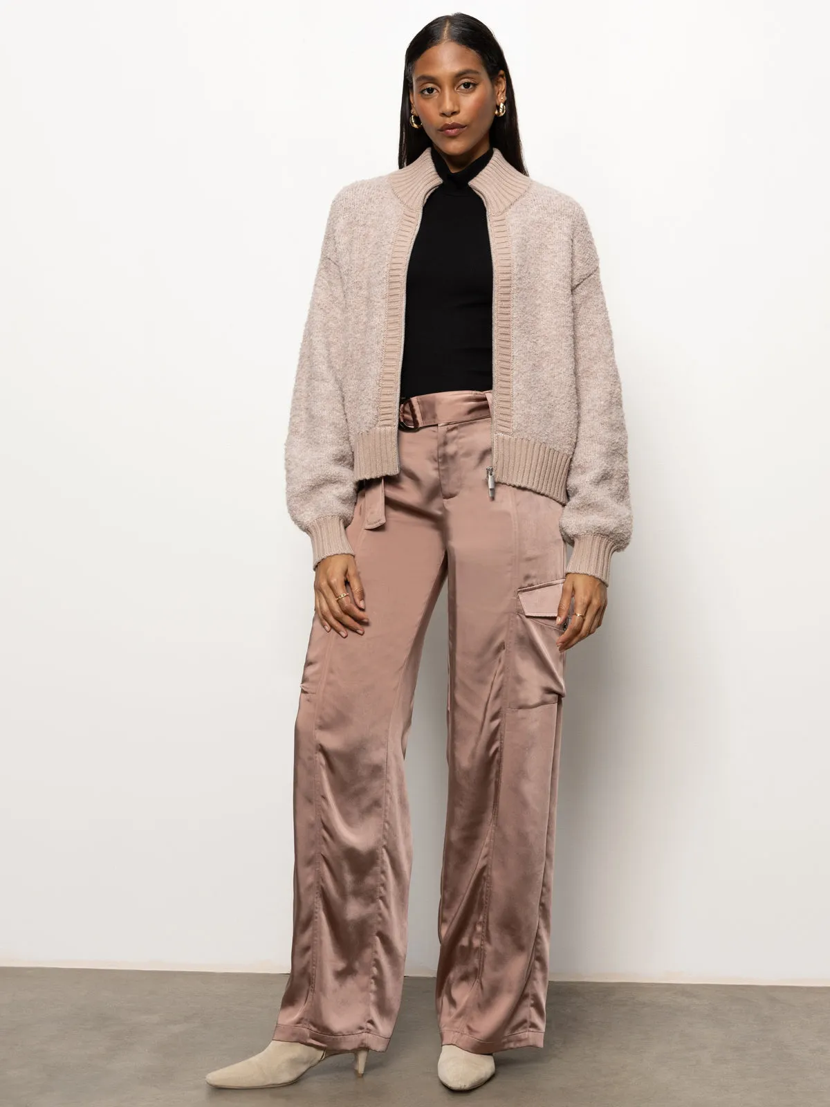 Boucle Knit Bomber Sweater Feather