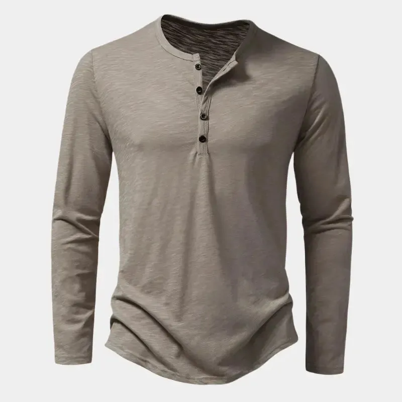 Casual Henry Neck Long Sleeve T-Shirt - Cross & Crown