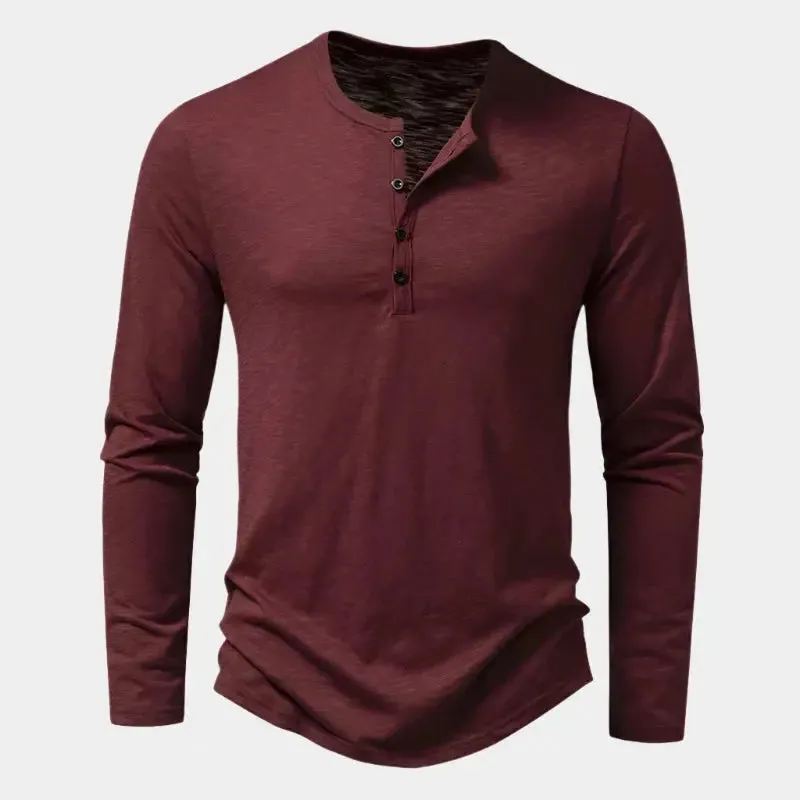 Casual Henry Neck Long Sleeve T-Shirt - Cross & Crown