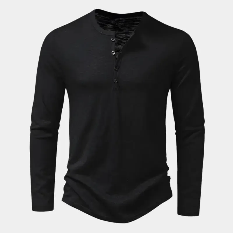 Casual Henry Neck Long Sleeve T-Shirt - Cross & Crown
