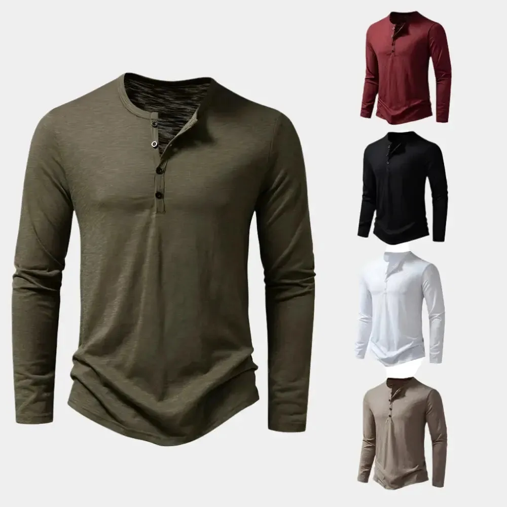 Casual Henry Neck Long Sleeve T-Shirt - Cross & Crown