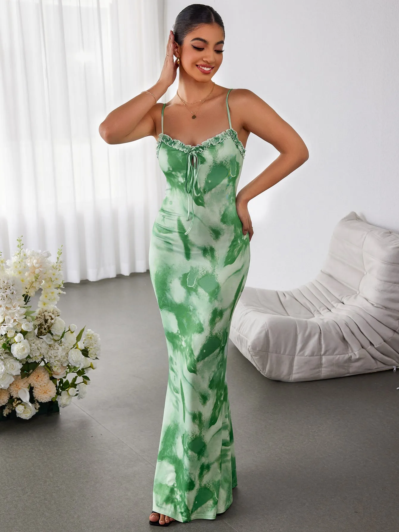 Cut Out Tie Front Trim Floral Bodycon Dress
