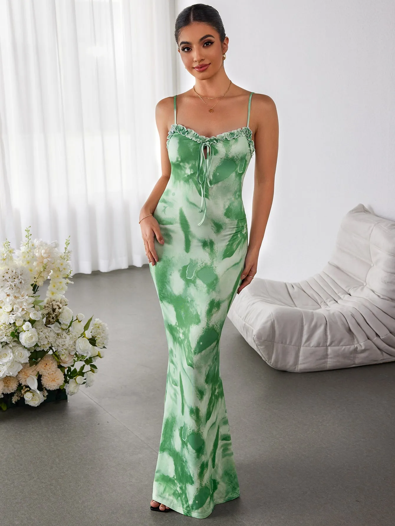 Cut Out Tie Front Trim Floral Bodycon Dress