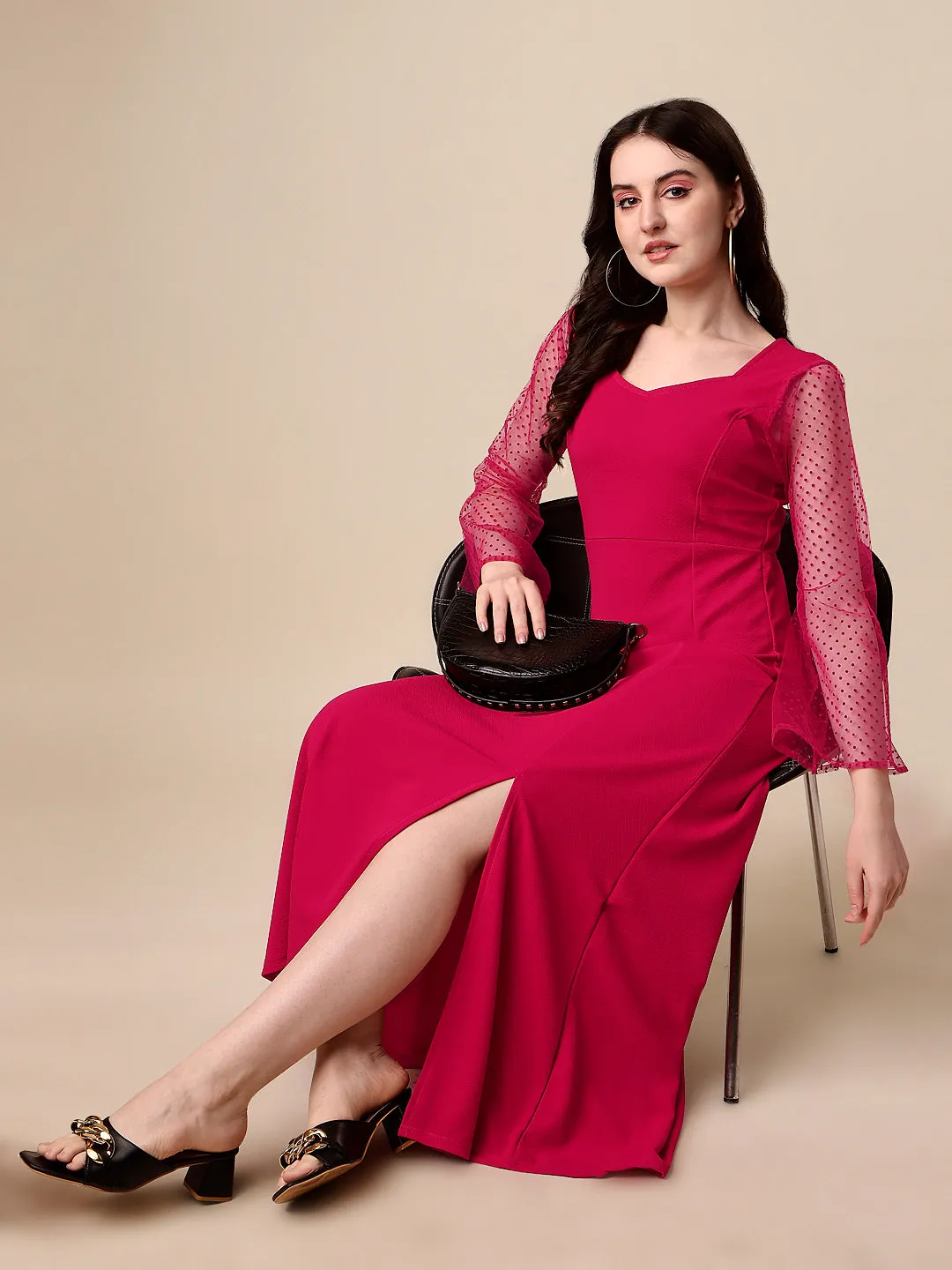 Elegant Pink Solid Maxi Dress with Sweetheart Neck