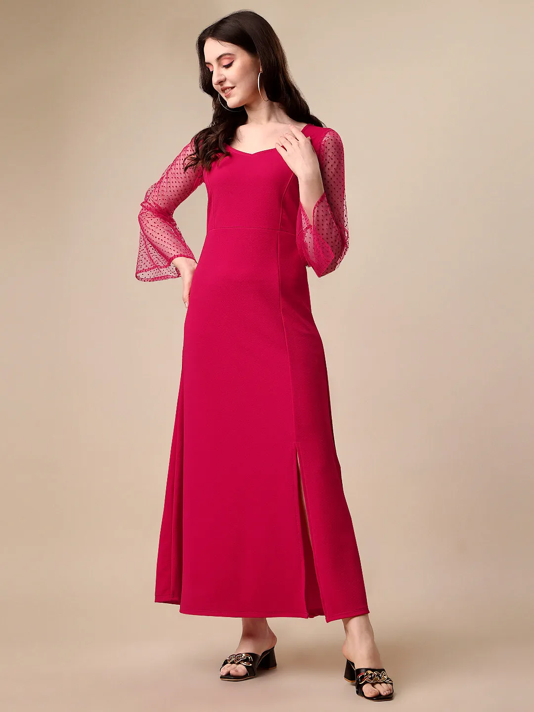 Elegant Pink Solid Maxi Dress with Sweetheart Neck