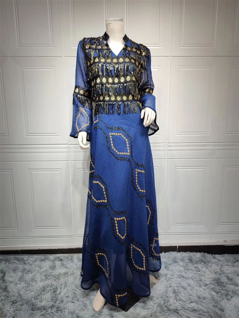 Embroidery Sequins Belted Women's Kaftan Dress