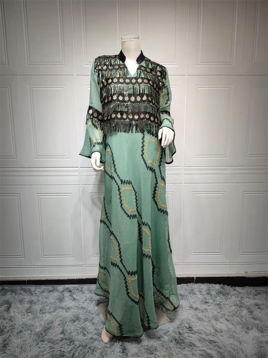 Embroidery Sequins Belted Women's Kaftan Dress