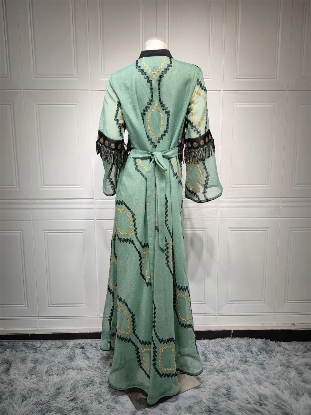 Embroidery Sequins Belted Women's Kaftan Dress