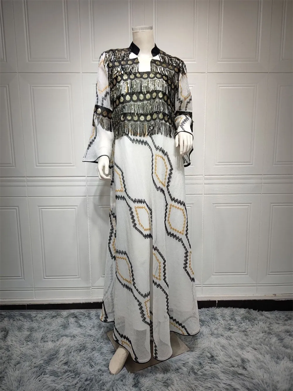 Embroidery Sequins Belted Women's Kaftan Dress