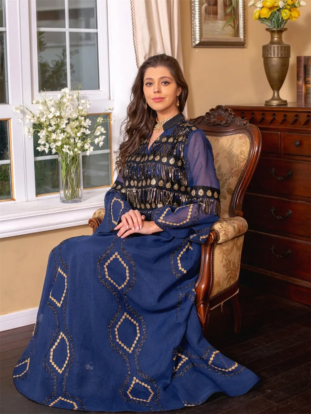 Embroidery Sequins Belted Women's Kaftan Dress