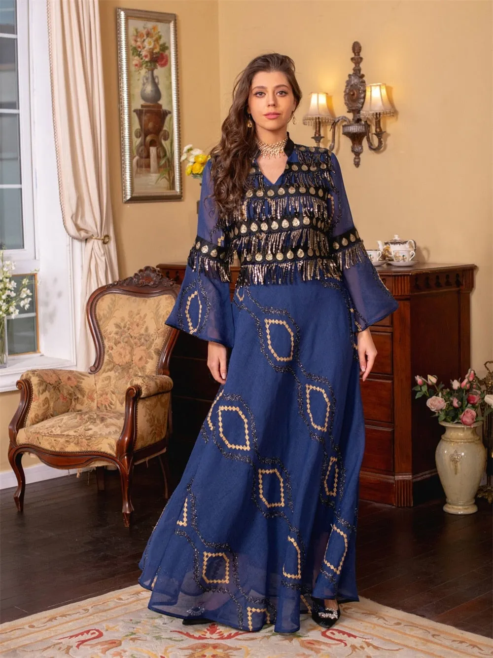 Embroidery Sequins Belted Women's Kaftan Dress