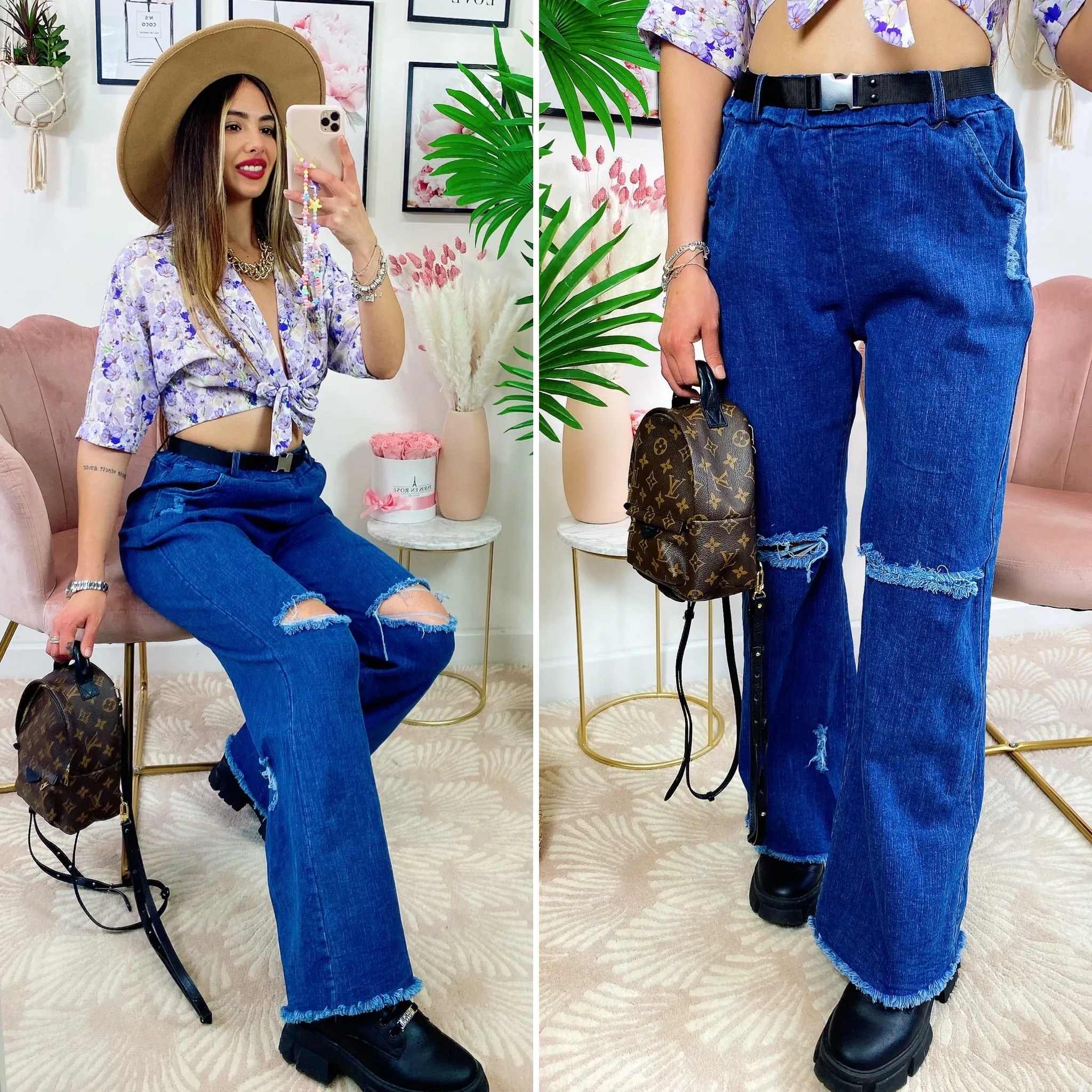 Jeans con cintura e strappi zampa larga