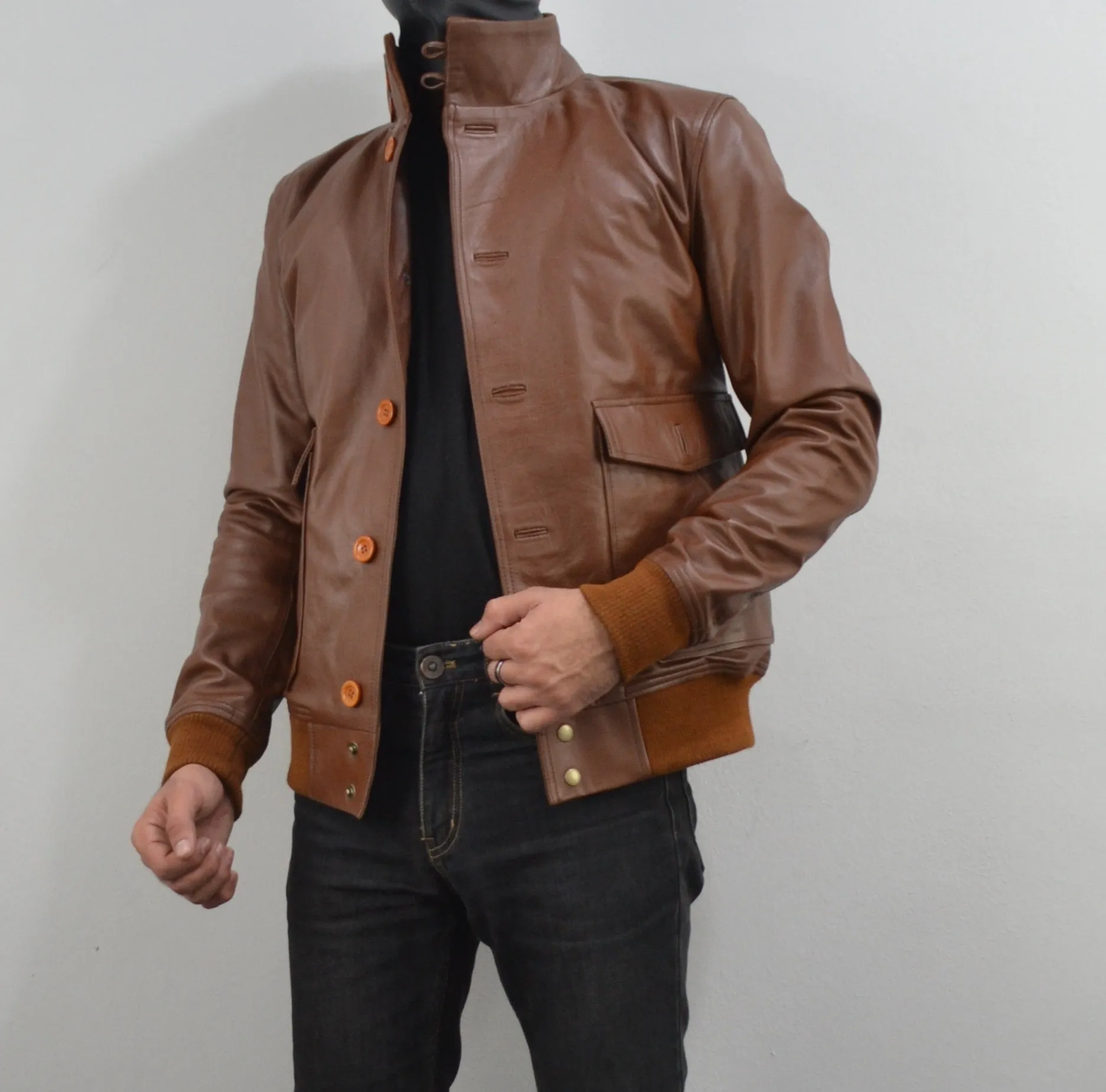 Mens A-1 Flight Tan Bomber Style Ribbed Leather Jacket Butons Style For Mens