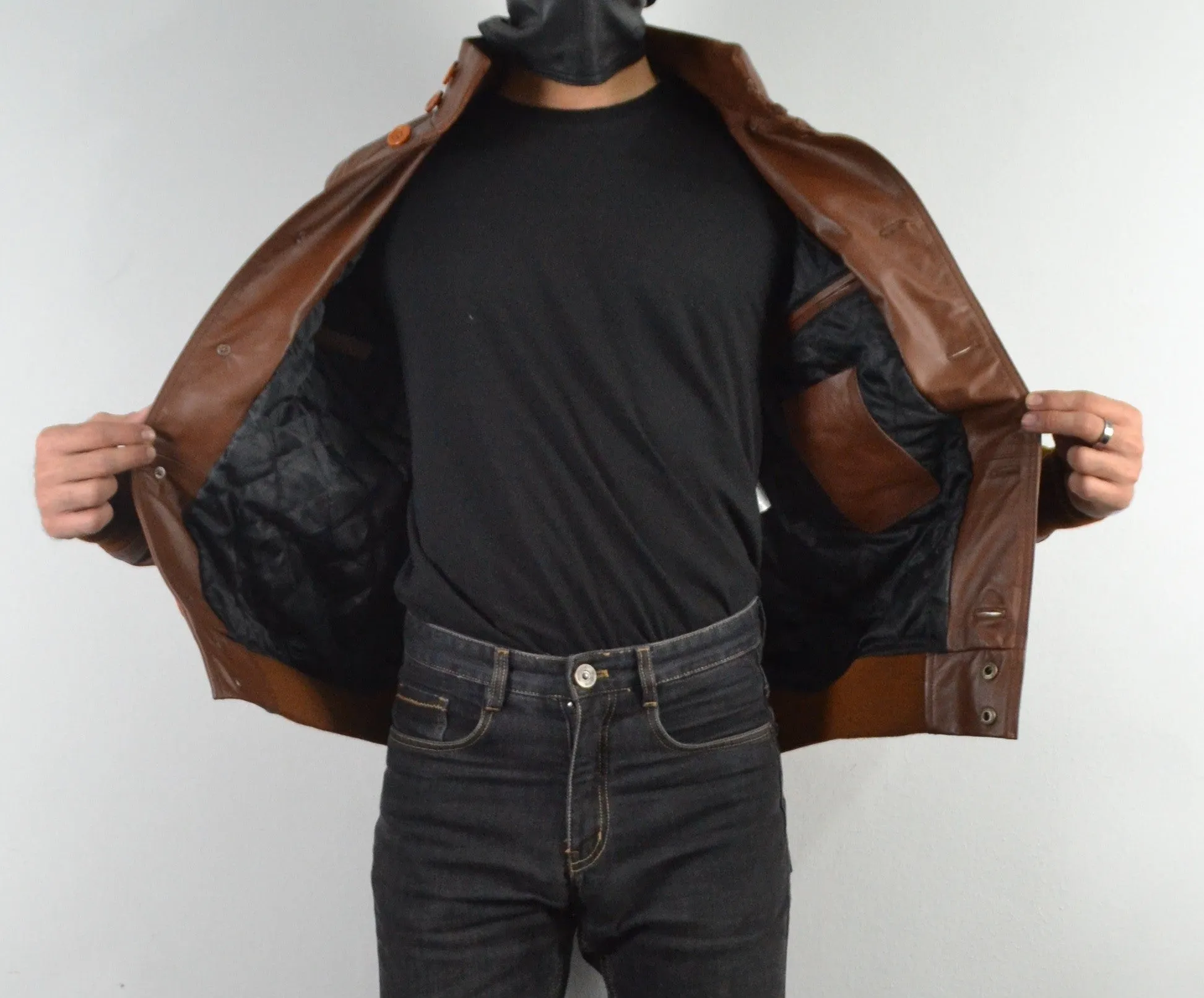 Mens A-1 Flight Tan Bomber Style Ribbed Leather Jacket Butons Style For Mens