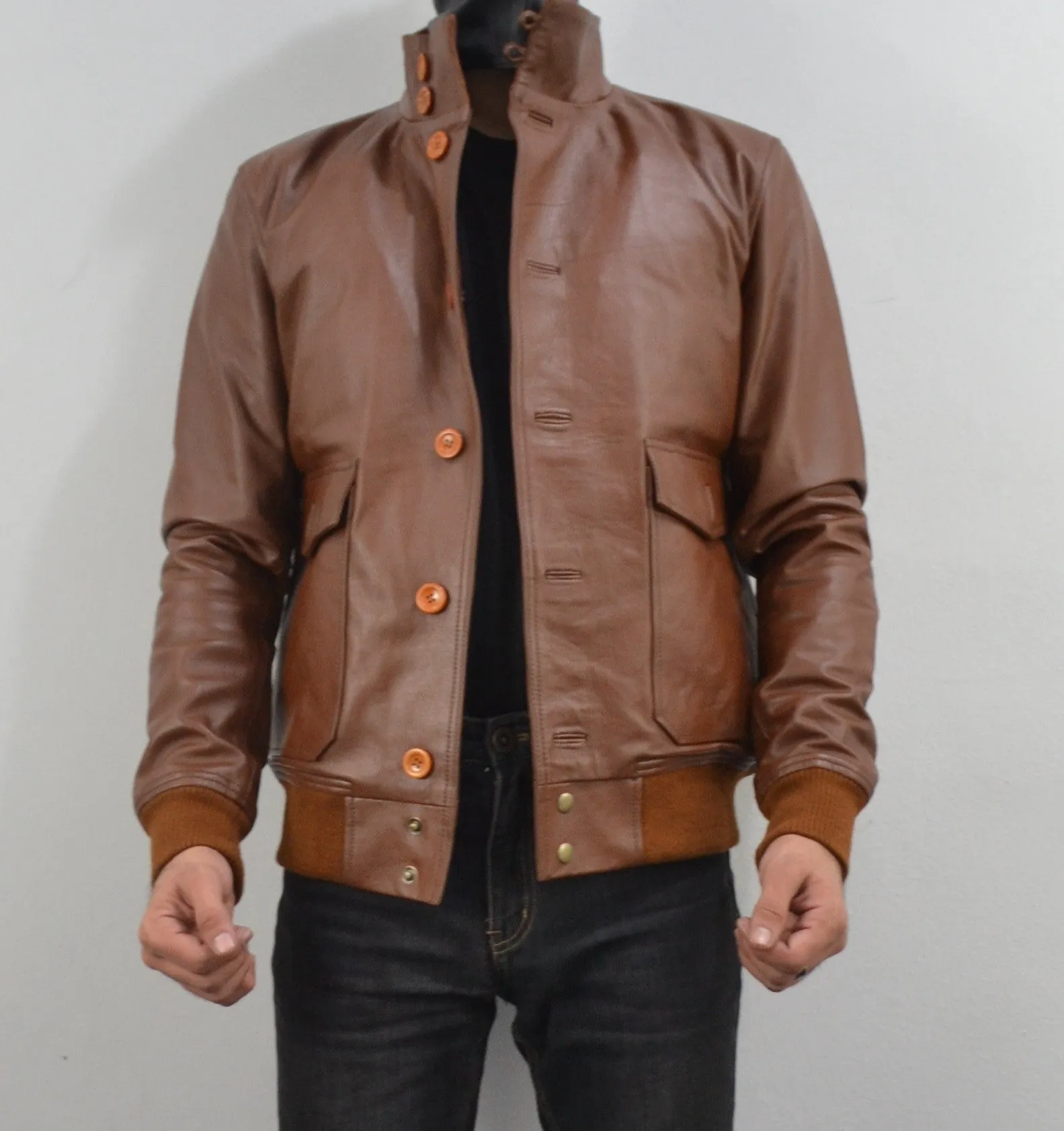 Mens A-1 Flight Tan Bomber Style Ribbed Leather Jacket Butons Style For Mens