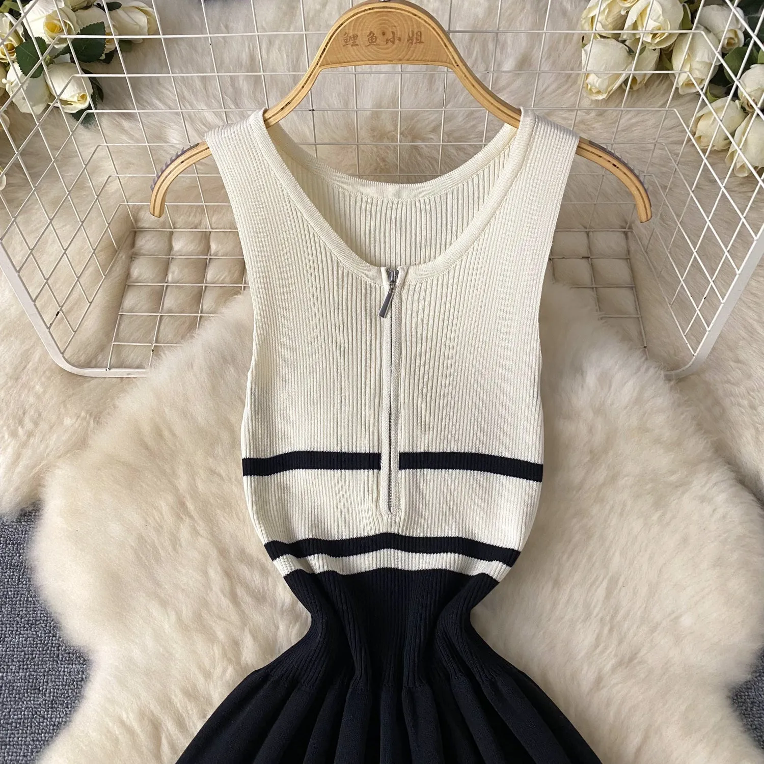Niche Patchwork Knitted Slip Dress