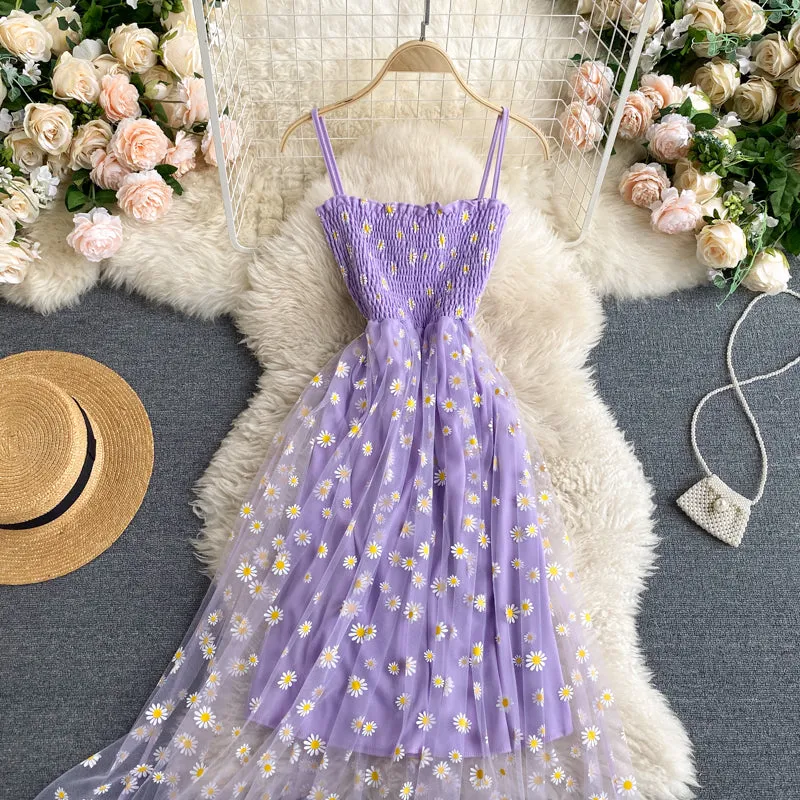 Off-the-shoulder Mesh Embroidered Chrysanthemum Dress