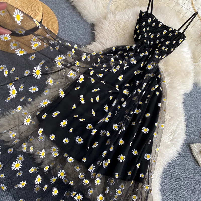 Off-the-shoulder Mesh Embroidered Chrysanthemum Dress