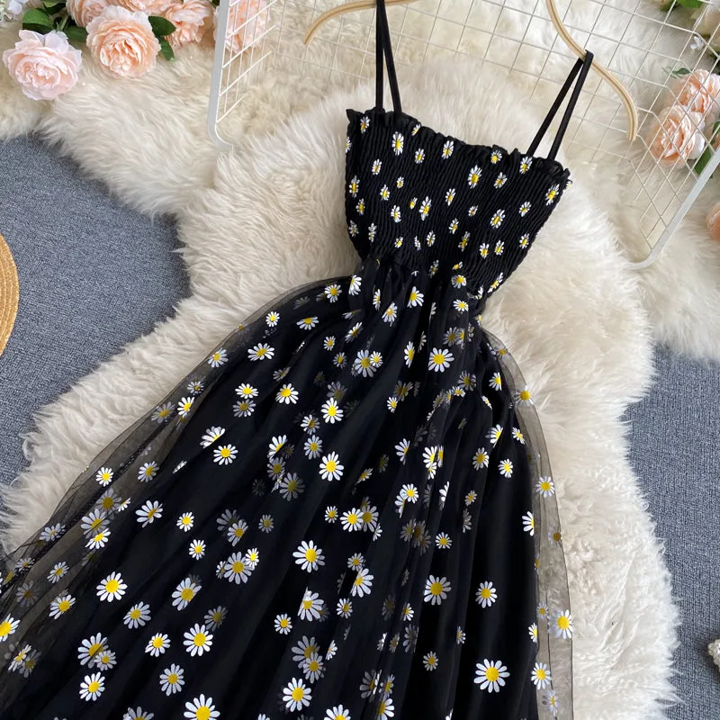 Off-the-shoulder Mesh Embroidered Chrysanthemum Dress