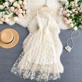 Off-the-shoulder Mesh Embroidered Chrysanthemum Dress