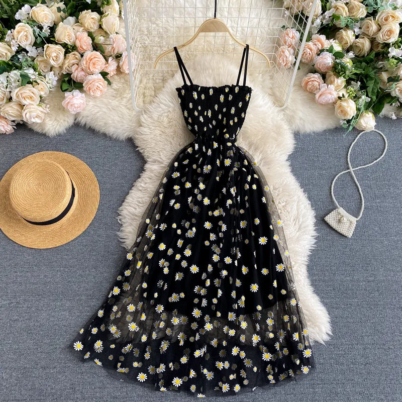 Off-the-shoulder Mesh Embroidered Chrysanthemum Dress