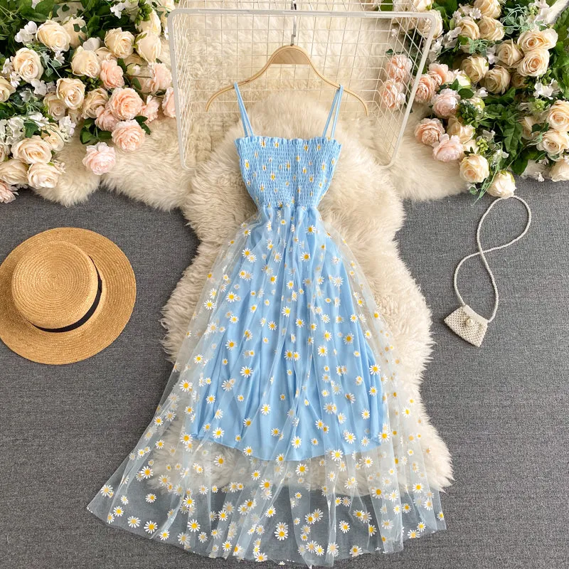 Off-the-shoulder Mesh Embroidered Chrysanthemum Dress
