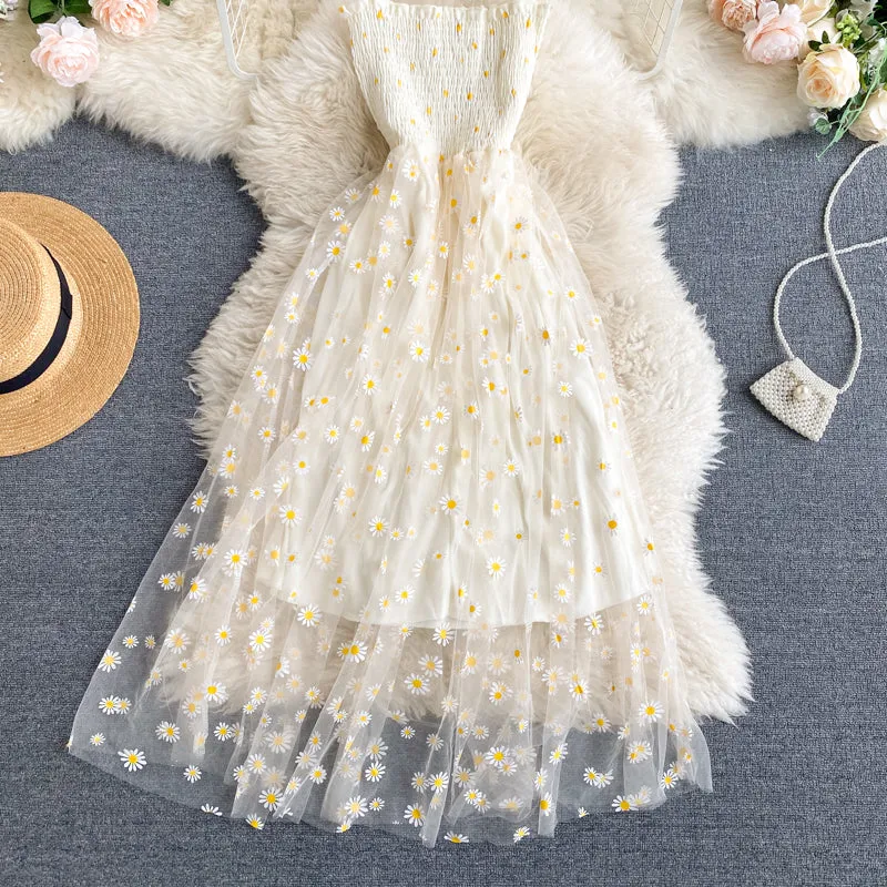 Off-the-shoulder Mesh Embroidered Chrysanthemum Dress