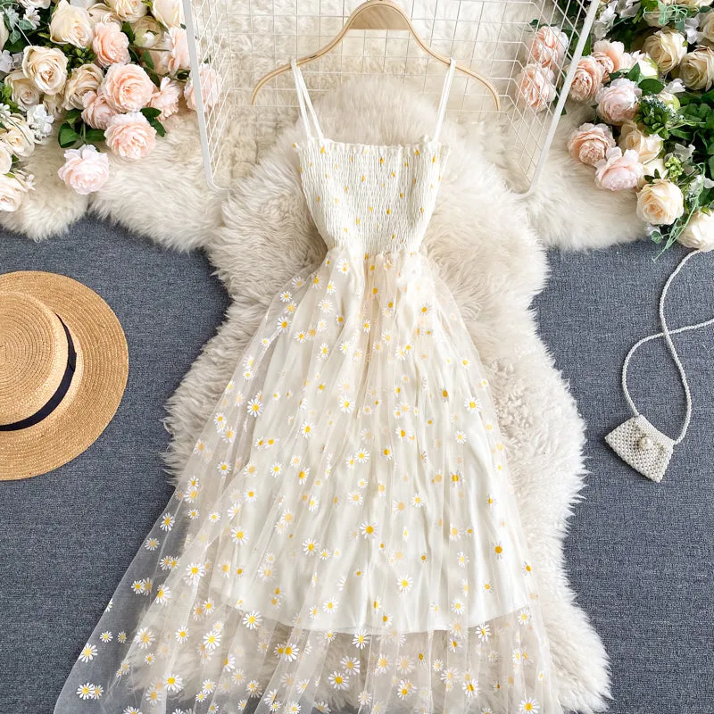 Off-the-shoulder Mesh Embroidered Chrysanthemum Dress