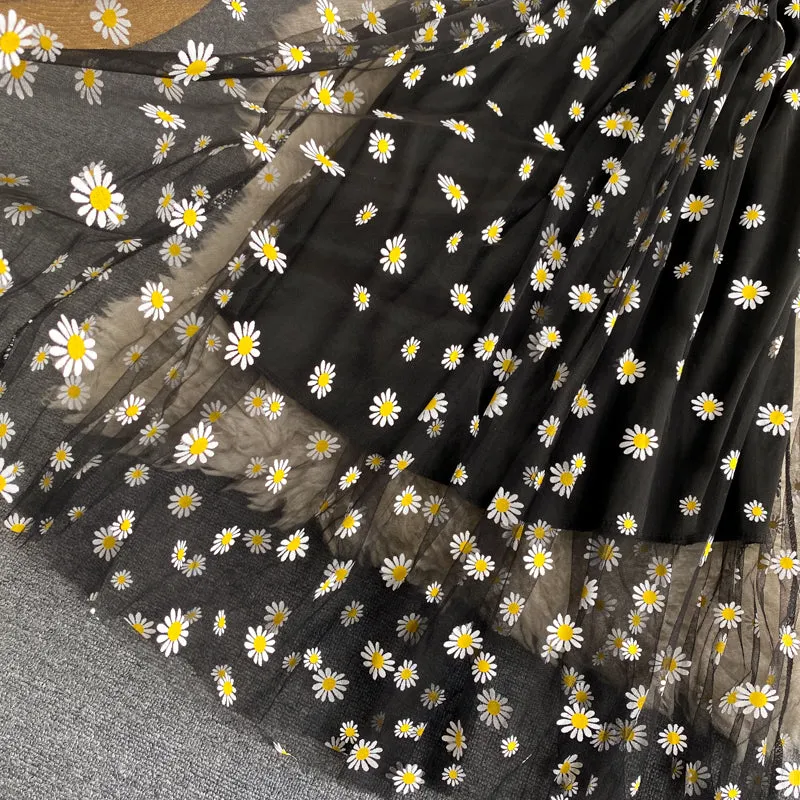 Off-the-shoulder Mesh Embroidered Chrysanthemum Dress