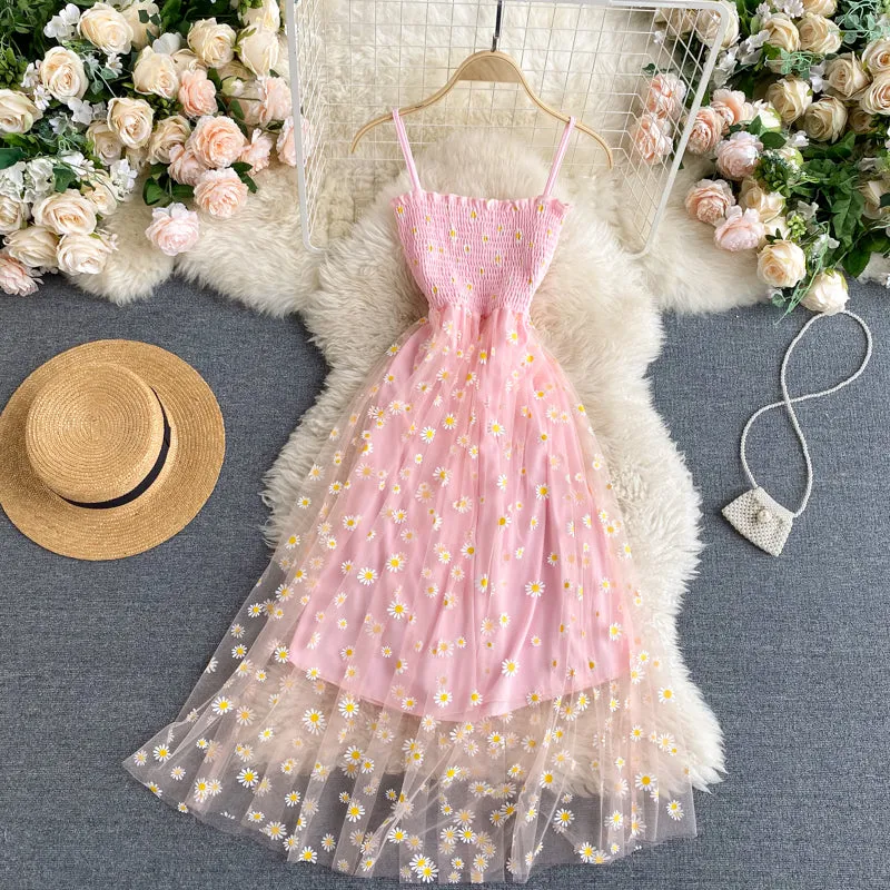 Off-the-shoulder Mesh Embroidered Chrysanthemum Dress