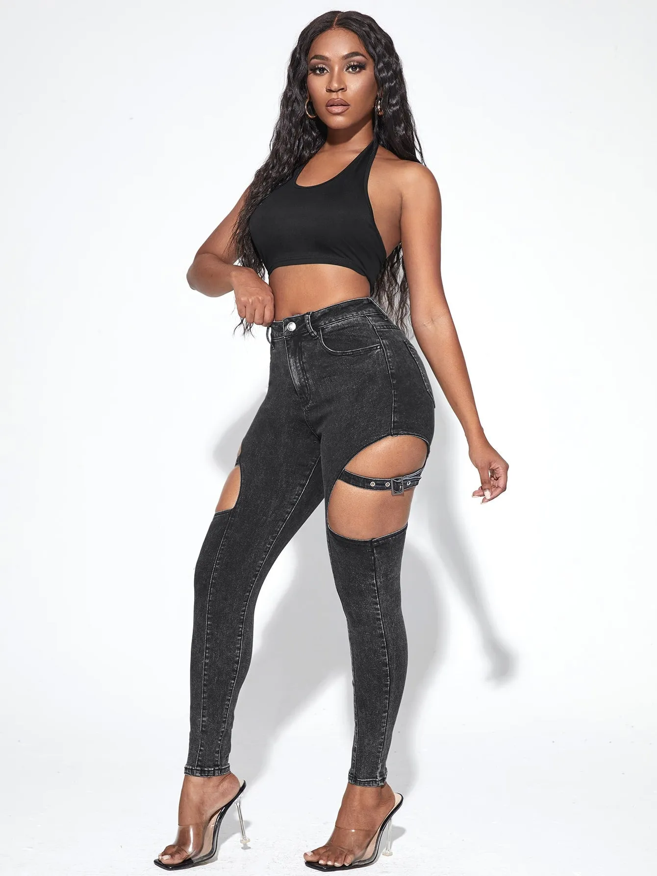 Plain Grommet Eyelet High Waist Long Women Jeans