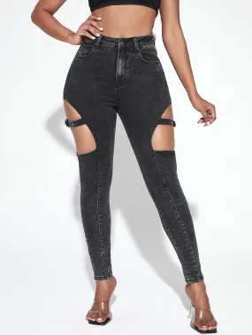 Plain Grommet Eyelet High Waist Long Women Jeans