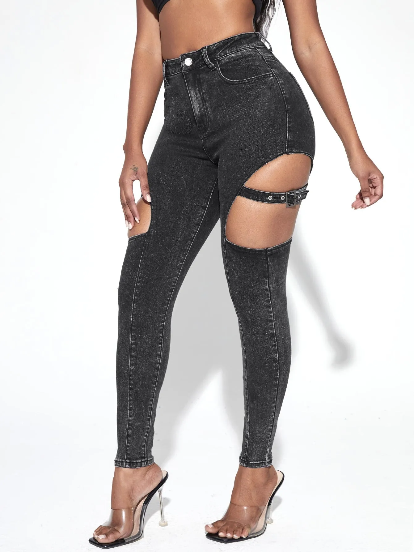 Plain Grommet Eyelet High Waist Long Women Jeans