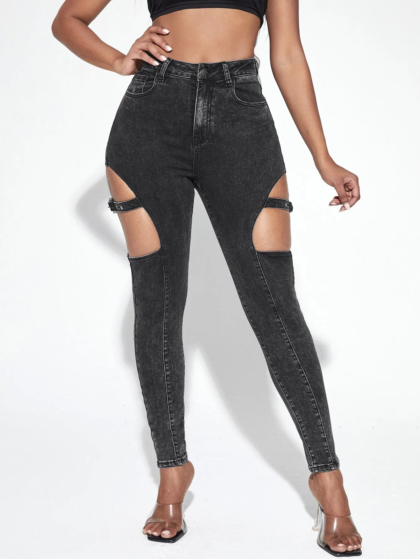 Plain Grommet Eyelet High Waist Long Women Jeans