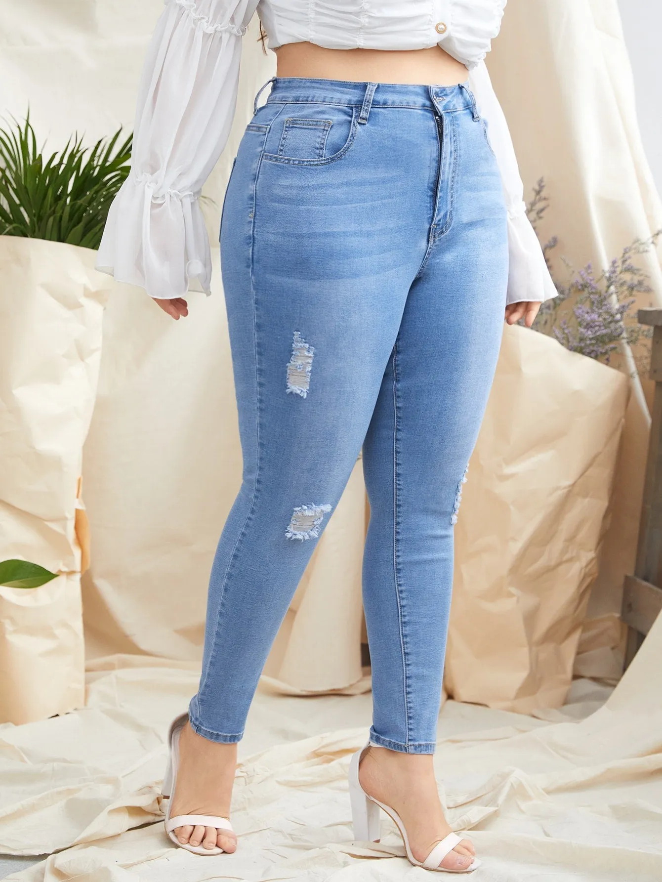 Plain Ripped High Waist Long Plus Size Jeans