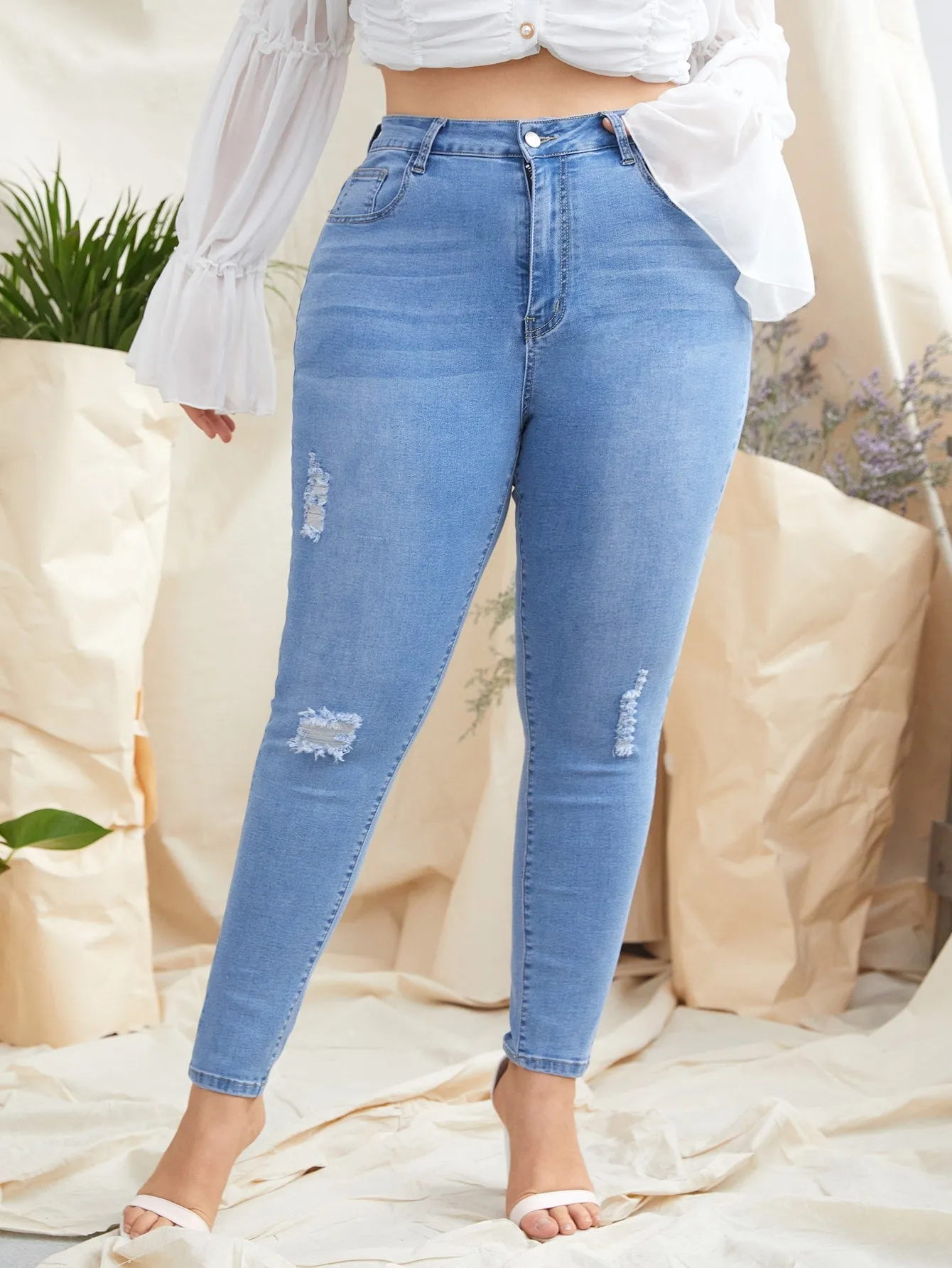 Plain Ripped High Waist Long Plus Size Jeans