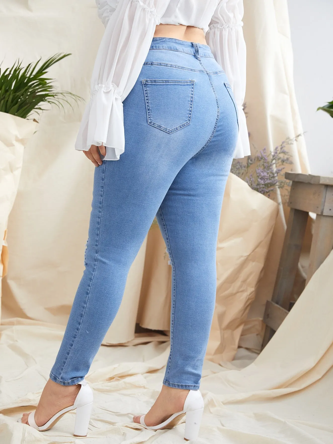 Plain Ripped High Waist Long Plus Size Jeans