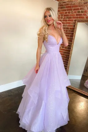 Purple Spaghetti Strap V-Neck Tulle Long Prom Dress