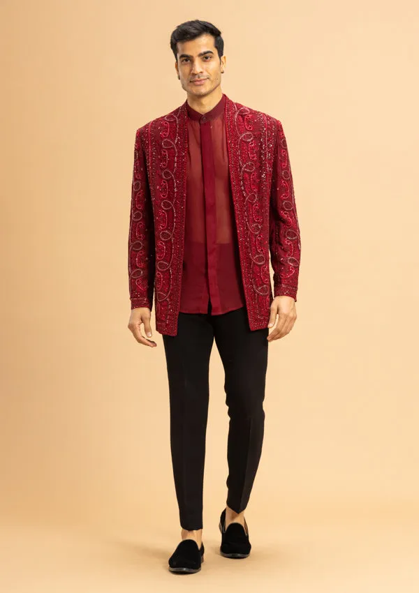 Red Georgette Bandhgala With Cut Dana work